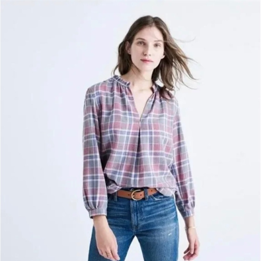 Madewell Rivet & Thread Gathered Collar Shirt Blouse in Avery Plaid